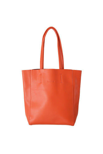 Front view of Hoopla leather orange tote with long handles.