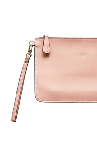 Dusty pink leather clutch with wrist strap and Hoopla brand