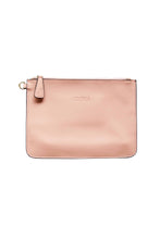 Load image into Gallery viewer, The front of a dusty pink leather clutch with Hoopla brand and  gold zip tag.