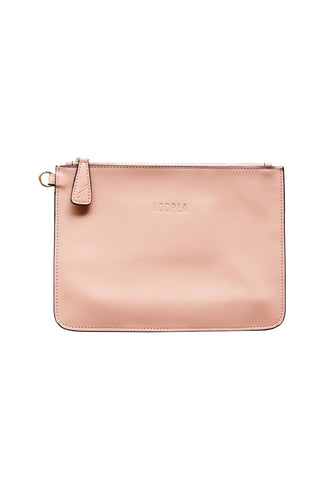 The front of a dusty pink leather clutch with Hoopla brand and  gold zip tag.