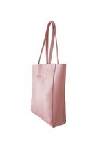 Load image into Gallery viewer, Side view of Hoopla leather dusty pink tote with long padded handles.
