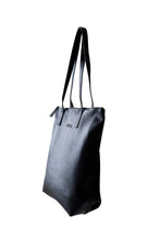 Load image into Gallery viewer, Side view of buttery black soft pebbled leather Hoopla tote bag with a gold coloured zip. 
