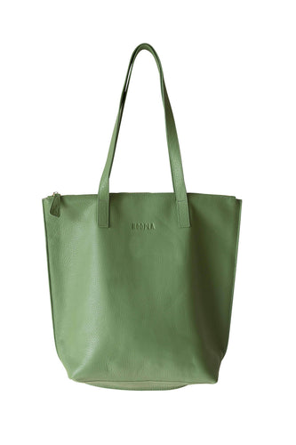 Front buttery soft bright green pebbled leather Hoopla tote bag with a gold coloured zip. 