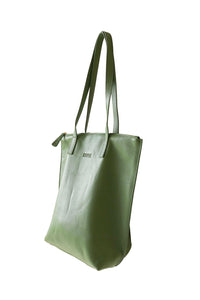 Side view of buttery bright green soft pebbled leather Hoopla tote bag with a gold coloured zip. 