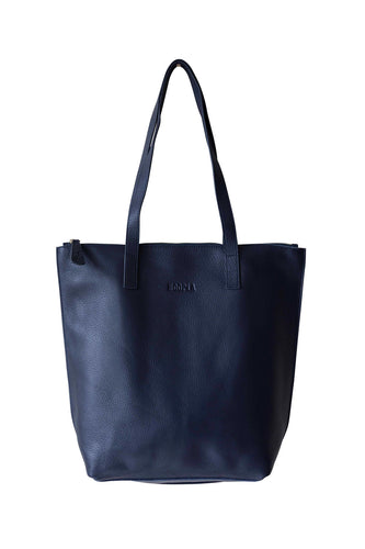Front buttery soft navy pebbled leather Hoopla tote bag with a gold coloured zip. 