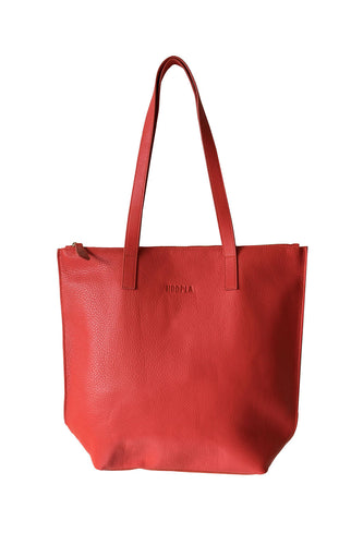 Front buttery soft red pebbled leather Hoopla tote bag with a gold coloured zip. 
