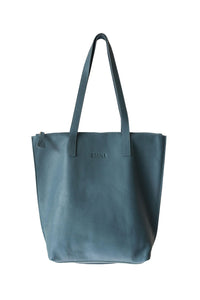 Front buttery soft teal pebbled leather Hoopla tote bag with a gold coloured zip. 