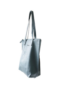 Side view of buttery teal soft pebbled leather Hoopla tote bag with a gold coloured zip. 