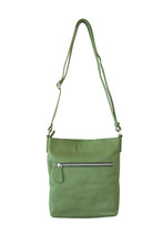 Load image into Gallery viewer, Back view of forest green, buttery soft, cow leather crossbody bag with external silver chunky zip. 